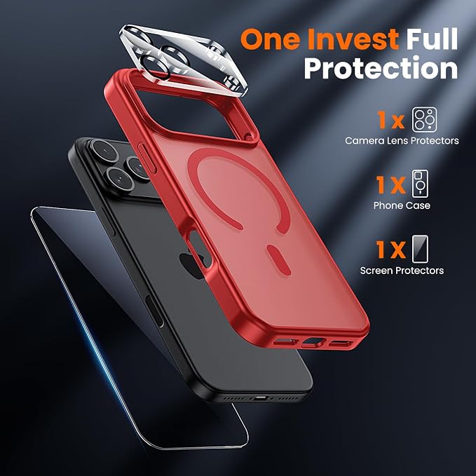 3 in 1 for iPhone 17 Pro Max Case Matte Red,Fits MagSafe, Screen Protector*1 Camera Lens Protector*1,Matte Skin Feeling Back, Cover Military-Grade Protection