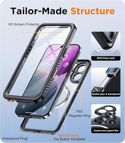 Temdan Magnetic for iPhone 16 Plus Case Waterproof,Built-in Screen Protector[IP68 Underwater][Upgrade Military Dropproof][Compatible with MagSafe] Full Body Shockproof Case 6.7''-Black
