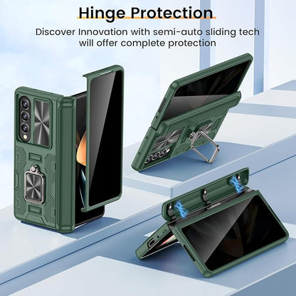 VEGO for Samsung Galaxy Z Fold 4 Case, Built-in Privacy Screen Protector | with Rotating Ring Kickstand Hinge Protection & Slide Camera Cover Drop Protection Case for Samsung Fold 4-Green
