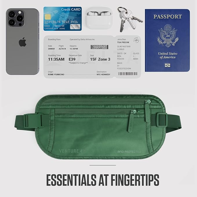 VENTURE 4TH Money Belt for Travel – Hidden Under-Clothes RFID Blocking Passport Holder & Slim Travel Wallet Pouch for Men & Women to Protect Cash, Cards & Documents (Sleek Army Green)