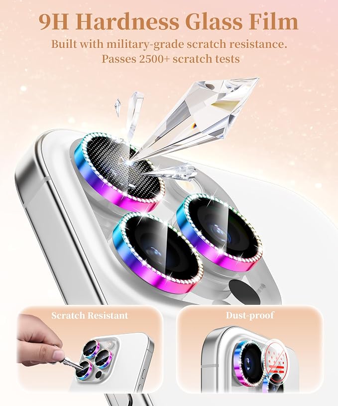 GolbinBox Camera Lens Protector for iPhone 17 Pro Max/17 Pro/16 Pro Max/16 Pro, 1:1 Invisible Fit, 9H Tempered Glass Ultra HD Metal Individual Camera Cover for Women, Case Friendly, Bling/Colorful