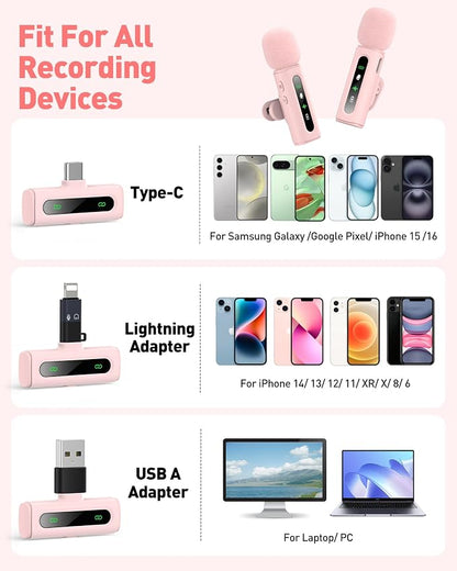 USB C Lavalier Microphone Wireless Mini Mic for Type-C Android Phone/Tablet/PC Video Recording Clip-on Mics with Rotatable Clip&Denoise Recording, Ideal for Vlog Tiktok Youtube Content Creator, Pink