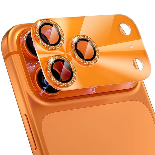 Choiche Compatible for iPhone 17 Pro Max Camera Lens Protector, Bling Camera Cover with 9H Tempered Glass Lens Screen Protector Metal Ring Decoration Accessories 6.9-inch (Light-Orange)