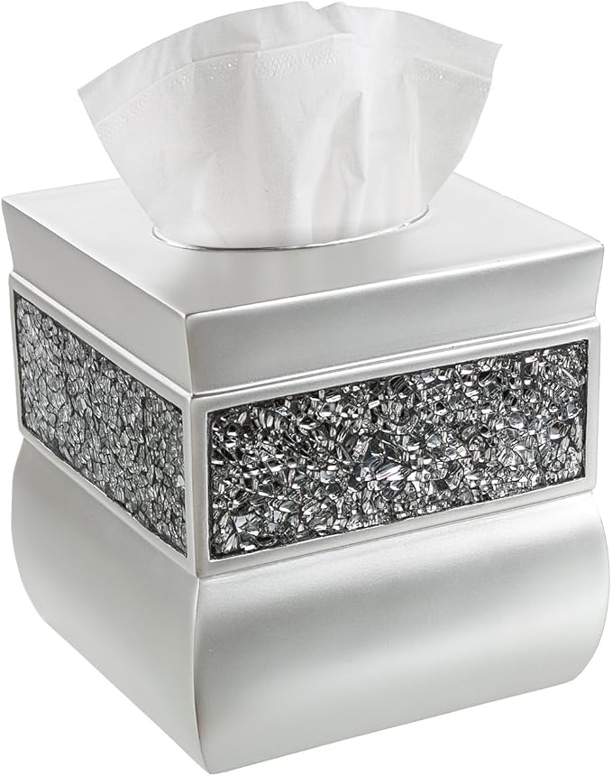 Creative Scents Crackled Glass Silver Tissue Box Cover Square - Decorative Tissue Box Holder - Tissue Holder Vessel for Bathroom with Durable Bottom Slider, Elegant Home or Bathroom Decor