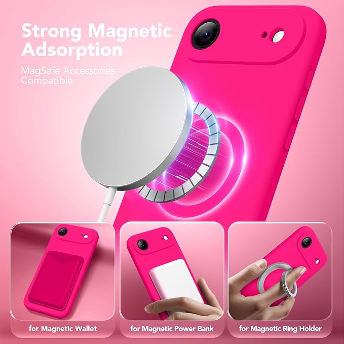 Magnetic for iPhone Air Case, Compatible with MagSafe, [Full Camera Protection][Screen Protector] Silicone Shockproof Protective Phone Case for iPhone 17 Air 6.5", Hot Pink