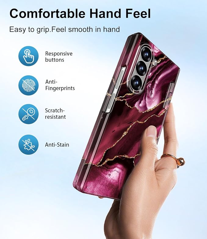Btscase for Samsung Galaxy Z Fold 6 Case,Built in Front Screen Protector,Gold Glitter Marble Pattern Hard PC Slim Shockproof Full Body Drop Protective Case for Galaxy Z Fold 6 5G, Wine Red