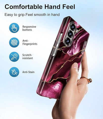 Btscase for Samsung Galaxy Z Fold 6 Case,Built in Front Screen Protector,Gold Glitter Marble Pattern Hard PC Slim Shockproof Full Body Drop Protective Case for Galaxy Z Fold 6 5G, Wine Red