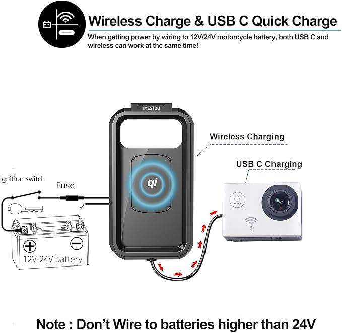 iMESTOU Waterproof IP67 Motorcycle Phone Mount Wireless/USB C Charger Handlebar Cellphone Holder Quick Charge for 5.5"-6.8" Phones, Work by Wiring to 12/24V Motorcycles or Plugging to USB A Sockets