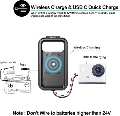 iMESTOU Waterproof IP67 Motorcycle Phone Mount Wireless/USB C Charger Handlebar Cellphone Holder Quick Charge for 5.5"-6.8" Phones, Work by Wiring to 12/24V Motorcycles or Plugging to USB A Sockets