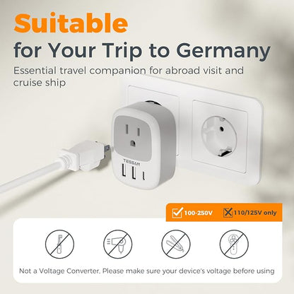 TESSAN 3 Pack Type E F Plug Adapter | Spain Adapter Plug, 3 USB Ports (1 USB C), South Korea Outlet Adapter