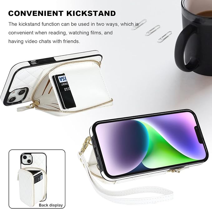Bocasal Crossbody Wallet Case for iPhone 14 Plus, RFID Blocking PU Leather Zipper Handbag Purse Flip Cover, Kickstand Folio Case with Card Slots Holder Wrist Strap Lanyard 5G 6.7 Inch (White)