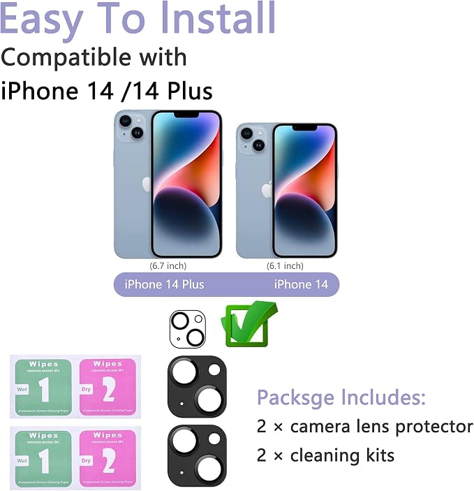 2 Pack Camera Lens Protector for iPhone 14/14 Plus,Metal AR Tempered Glass Rear Camera Screen Cover,Anti-Scratch,Strong Adsorption,Case Friendly, Easy to Install-Black