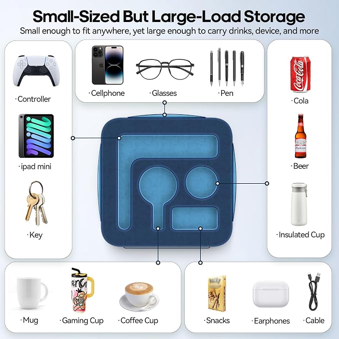 Couch Cup Holder Pillow, Sofa and Bed Caddy for iPad, Kindle, Switch, Game Controller, Remotes, Phones, Small-Sized Cup and Drink Holder for Couch, Bed, Desk, Car, Beach, Bathroom Cup Holder, Blue