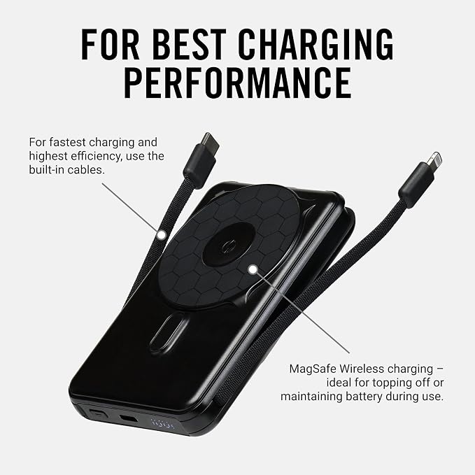 Ridge Magnetic Power Bank Fast Charging - Compatible with MagSafe - Portable Charger Power Bank - with Built in Cable and Wireless Charging, 5-in-1 Charging & Magnetic Attachment (Matte Black)