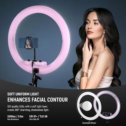NEEWER Professional Ring Light with Stand and Phone Holder, 18 inch Ultra Thin, 45W 2900K-7000K TLCI98, Remote Shutter & App Control, Softer Lighting for Makeup Live Stream TikTok, RP18B Pro Pink