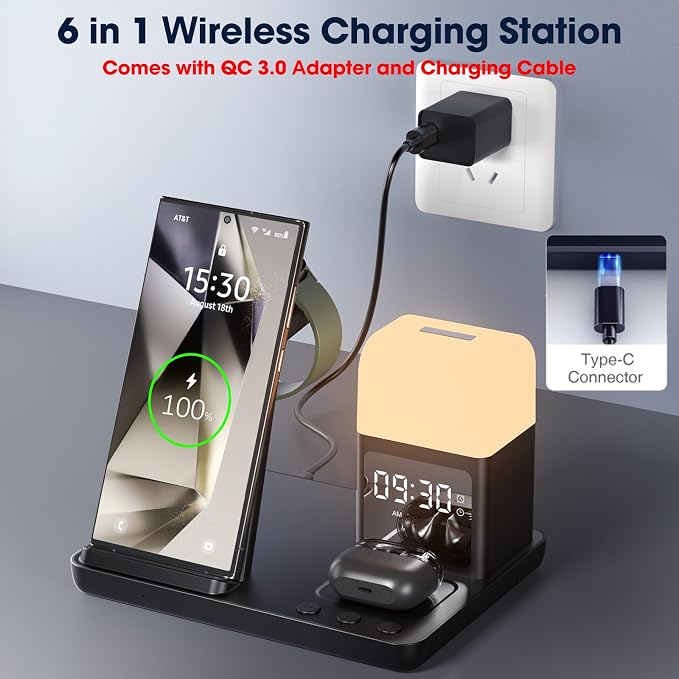 Wireless Charger for Samsung/Android,6 in 1 Alarm Clock Charging Station for Bedrooms with Bedside Clock Night Light for Samsung S25/S24/S23 Ultra/Buds,Watch Charger only for Galaxy Watch 8/7/6-Black