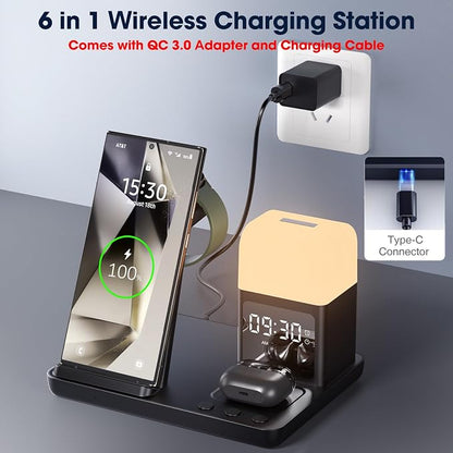 Wireless Charger for Samsung/Android,6 in 1 Alarm Clock Charging Station for Bedrooms with Bedside Clock Night Light for Samsung S25/S24/S23 Ultra/Buds,Watch Charger only for Galaxy Watch 8/7/6-Black