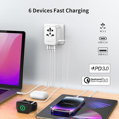 MOMAX Universal Travel Adapter, PD 35W Fast International Power Adapter, 3 USB C & 2 USB A, Worldwide Travel Plug Adapter, International Power Adapter for Europe, USA, Japan, Australia (Type C/A/G/I)