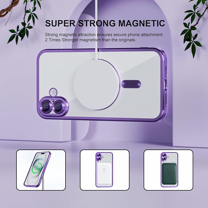 Misea Magnetic for iPhone 16 Case Compatible with MagSafe [Never Yellowing] [Military Grade Drop Protection] Full Camera Lens Protector Plating Soft Clear Phone Case for Women 6.1 inch, Deep Purple