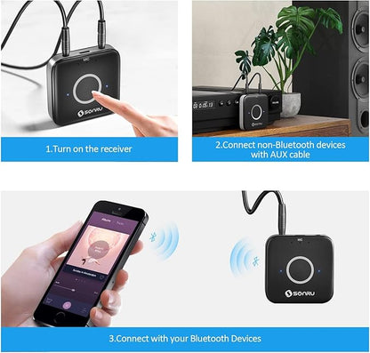 SONRU Bluetooth 5.3 Adapter Hi-Fi Equipment for Car Wireless Audio Receiver with 3.5mm AUX RCA Cable, Noise Cancellation, Dual AUX Outputs for Home Speakers Wired Headphones