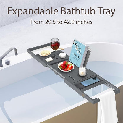 Bamboo Bathtub Tray Caddy - Expandable Wooden Bathroom Tray - Adjustable Bathroom Tray for Tub - Luxury Bath Caddy Tub Table - Gift Idea for Loved Ones (Grey)