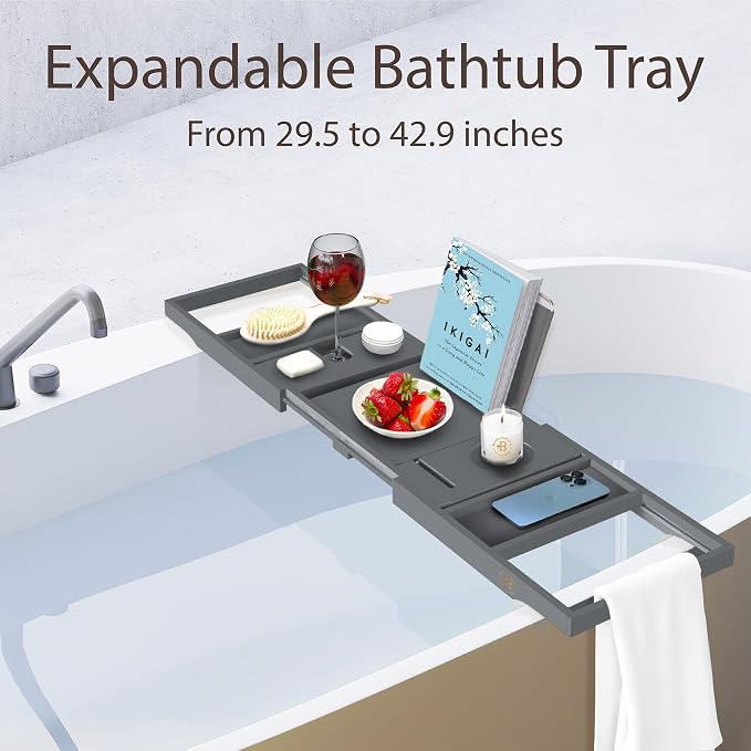 Wooden Bathtub Tray - Foldable and Expandable Bamboo Bath Tray for Tub with Wine Holder, Book and Tablet Stand - Bath Caddy Tray for Bathtub, Spa Bath Accessories, Tub Tray Table (Charcoal Gray)