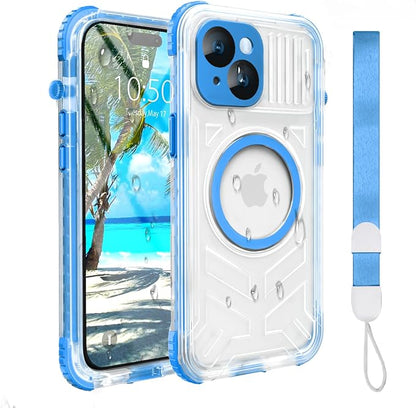 for iPhone 15 Waterproof Case Compatible with MagSafe, Translucent Slim IP68 Underwater Built-in Screen Protector, 12FT Military Grade, 360 Full Body Protective Cover 6.1 inch (Blue)