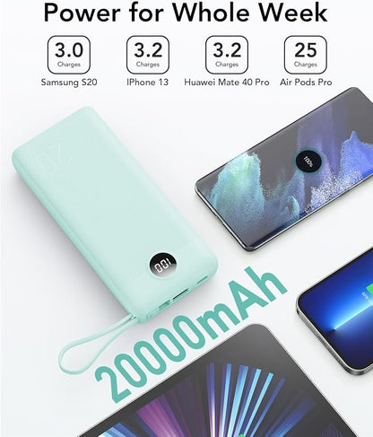 VRURC Portable Charger 20000mAh, Built-in Cables Fast Charging Power Bank, PD QC 3.0 Travel Essentials Battery Pack, 4 Output & 2 Input Phone Charger for iPhone16 15 14 13 X, Samsung, Android
