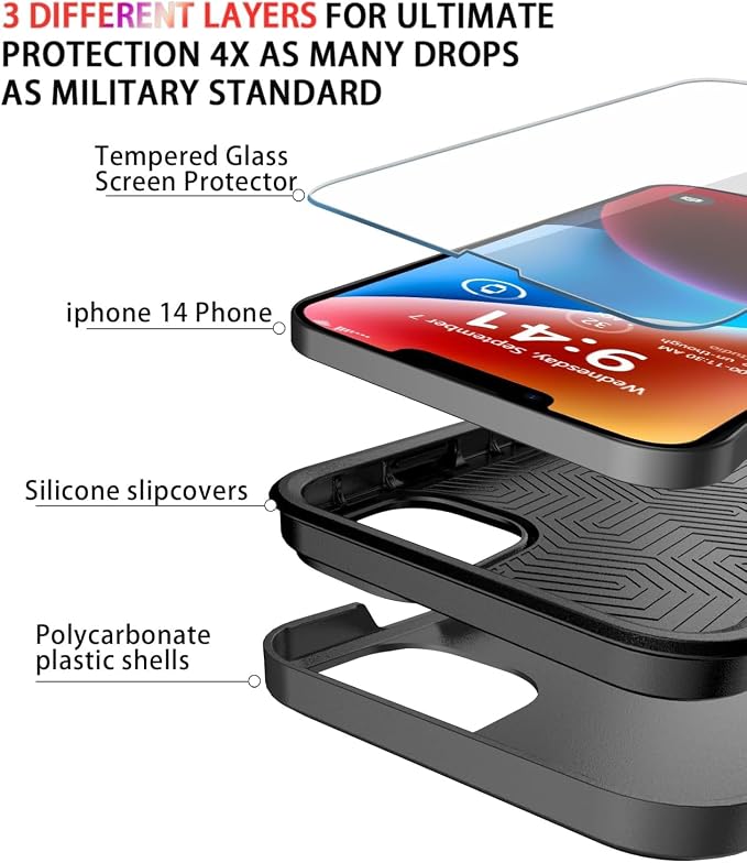 Diverbox for iPhone 14 case [Shockproof] [Dropproof] [Tempered Glass Screen Protector ],Heavy Duty Protection Phone Case Cover for Apple iPhone 14 (Black-2in1)