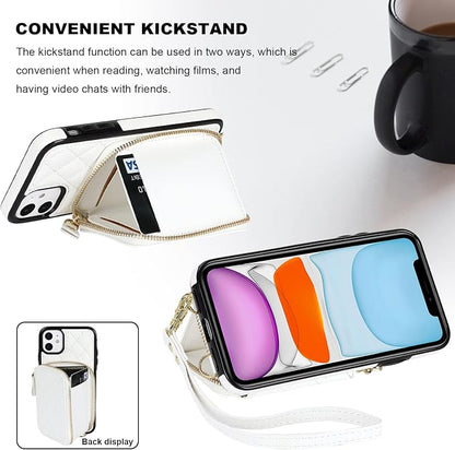 Bocasal Crossbody Wallet Case for iPhone 11, RFID Blocking PU Leather Zipper Handbag Purse Flip Cover, Kickstand Folio Case with Card Slots Holder Wrist Strap Lanyard 6.1 Inch (White)