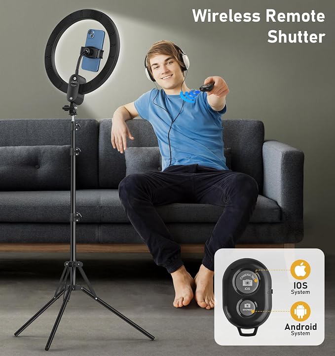12 inch Ring Light with Stand 2800mAh Rechargeable, LED Circle Selfie Cordless Ringlight with 63" Tripod/Phone Holder/Remote for Makeup Live/Video Recording/Tiktok/YouTube/Podcasting/Vlogging