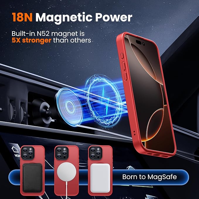 3 in 1 for iPhone 16 Pro Max Case with MagSafe, Screen Protector*1 Camera Lens Protector*1,Skin Feeling Back Military-Grade Protection for iPhone 16 Pro Max Phone Case 6.9 inch Red