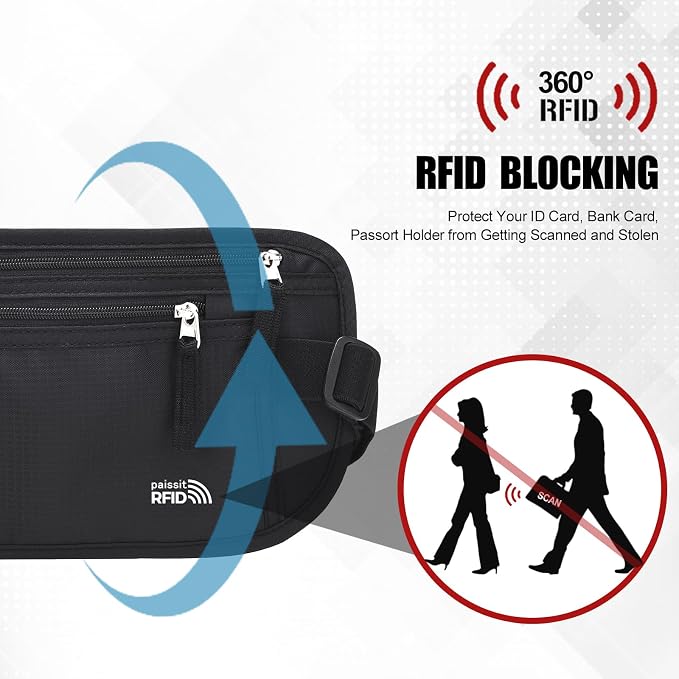Unisex Money Belt For Men and Women, Slim Passport Holder RFID Blocking Travel Essentials Pouch with Adjustable Strap Small Waist Pouch for Workout Running Travelling Hiking, Black & Beige
