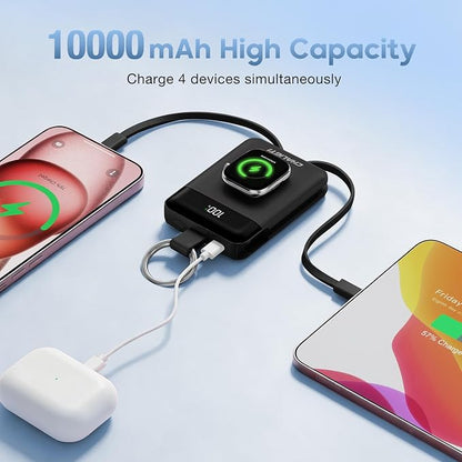 10000mAh Portable Charger,PD 22.5W Super Fast Charging Power Bank with Built-in Cables, Travel Keychain Battery Pack for iPhone 17/16/15/14/13/12,Apple Watch Ultra/11/10/9/8/7/6/SE (Black)
