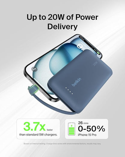 Belkin Portable Charger Power Bank USB C, 10000 mAh w/Integrated Cable, 20W Fast Charge USB-C Power Delivery, iPhone Charger, Apple iPhone 17, Air, Pro, Pro Max, iPad, Samsung Galaxy S25 - Blue