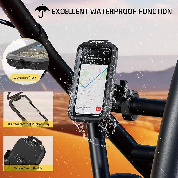 iMESTOU Waterproof ATV Phone Mount with Anti-Theft Design and 360° Rotation 1“ Ball Base Fits for ATV UTV 1.5''/1.75''/1.85''/2''/2.1'' Handlebars, Suitble for 3.5"-6.1" Smartphones (Size S)
