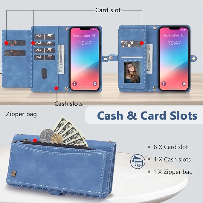 Wallet Case for iPhone 13 Pro Max with Card Holder/Crossbody Wallet/Strap| RFID Blocking | Magnetic | Kickstand | Detachable | PU Leather Phone Case for iPhone 13 Pro Max,6.7 in,Sky Blue