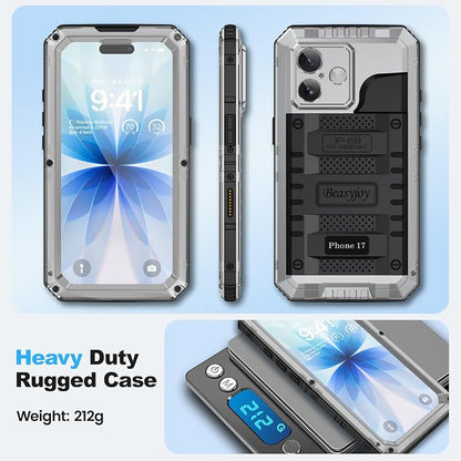 Beasyjoy for iPhone 17 Case Waterproof, Heavy Duty Metal Full Body Protection, Built-in Screen Protector, Military Grade Shockproof Dustproof Rugged Cover for iPhone 17 6.3 inch, Silver