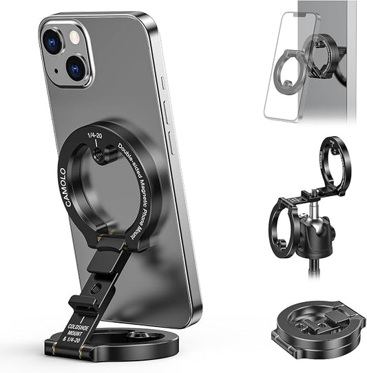 Dual Magnetic Phone Holder Compatiable with Magsafe for iPhone 16 15 14 13 12 Pro Max Plus Series, 1/4" Screw Tripod Mount, Gym Magnetic Phone Stand Travel(Black)