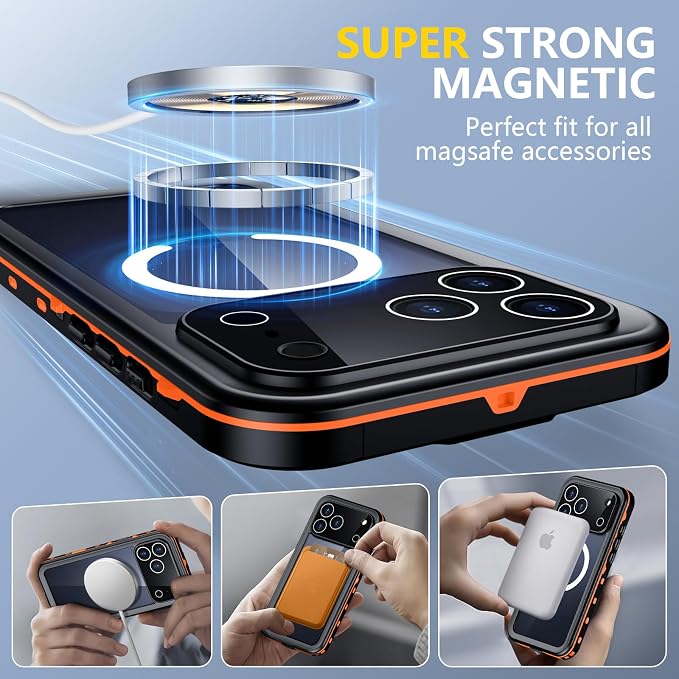 Red2Fire for iPhone 17 Pro Case Waterproof, [Built-in Screen Protector & Camera Protector][Compatible with MagSafe][Full Body Shockproof][IP68 Waterproof][Dustproof] Phone Case 6.3" Orange/Clear