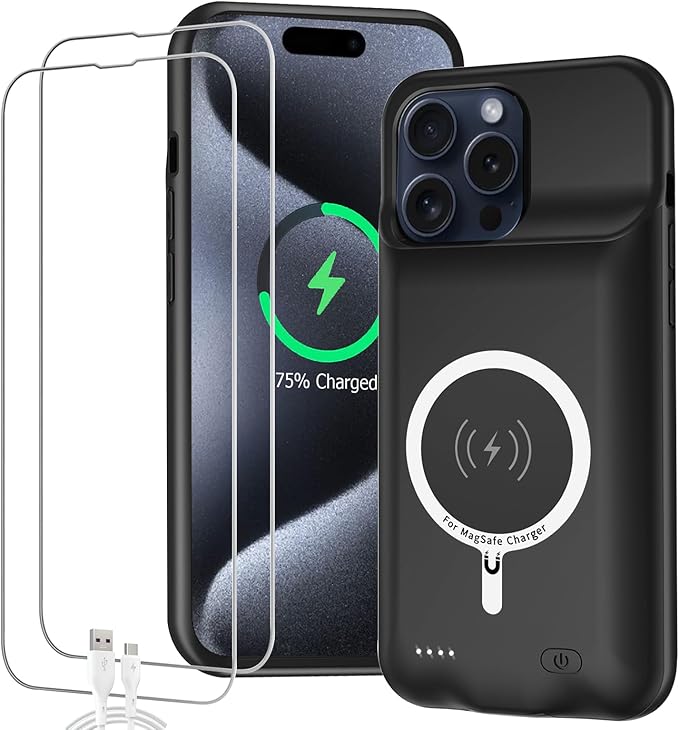 Battery Case for iPhone 15 Pro, Full Encircle 10000mAh High Capacity Rechargeable Portable Charger Case Extended Battery Pack for iPhone 15 Pro (6.1 inch) Wireless Charging Cover with Carplay-Black