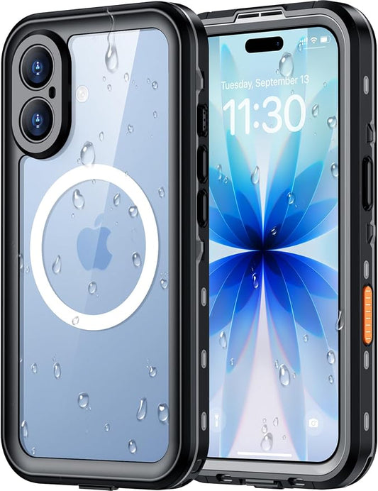 Red2Fire for iPhone 17 Case Waterproof, [Built-in Screen Protector & Camera Protector][Compatible with MagSafe][Full Body Shockproof][IP68 Waterproof][Dustproof] Phone Case 6.3" Black/Clear
