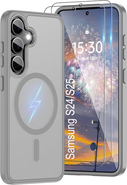 For Samsung Galaxy S24 Case & Galaxy S25 Case [Compatible with Magsafe] Translucent Matte Magnetic Phone Case,Slim Thin Duty Shockproof Protection Cover with 2pc HD Screen Protector for S24/S25-Gray
