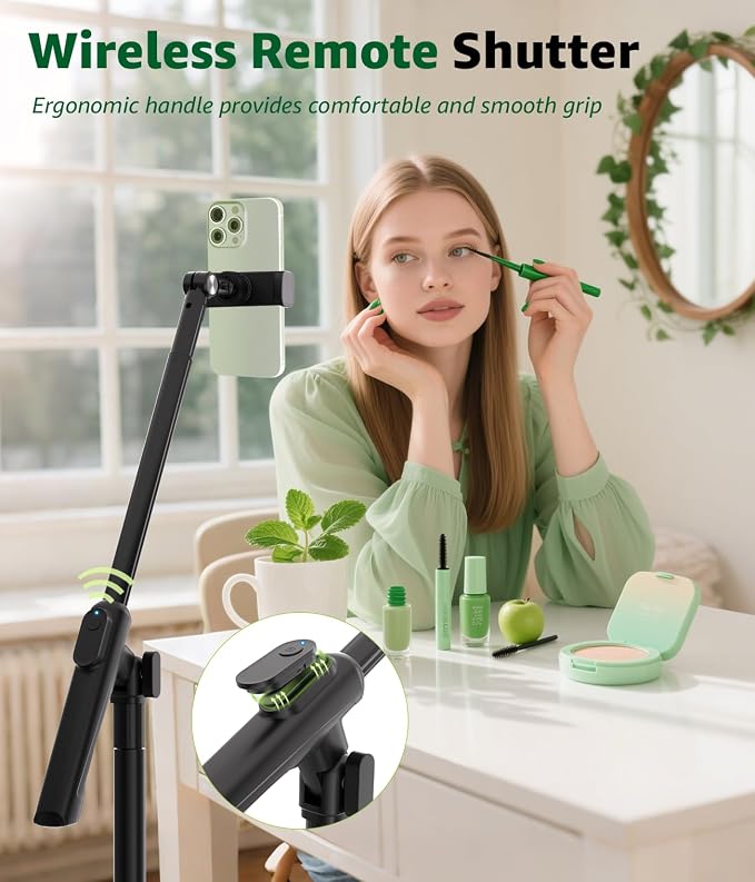 Overhead Phone Mount for Video Recording, Tall Floor Stand with Bluetooth Remote, 360° Extendable Boom Arm Tripod for Live Streaming, Art, Cooking - Fits iPhone 17 16 15 14 13 Android (Not for iPad)