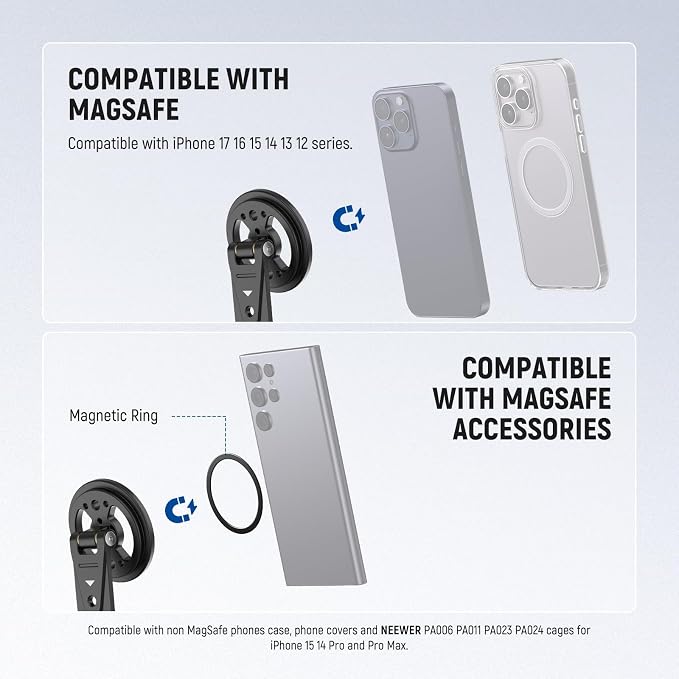 NEEWER Magnetic Phone Tripod Mount with Cold Shoe, Metal Portable Smartphone Holder Adapter for Tripod Camera Mounting Compatible with MagSafe iPhone Samsung Huawei Android for Video Recording, DS031