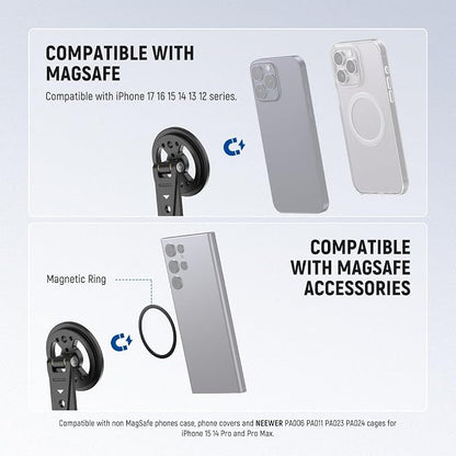 NEEWER Magnetic Phone Tripod Mount with Cold Shoe, Metal Portable Smartphone Holder Adapter for Tripod Camera Mounting Compatible with MagSafe iPhone Samsung Huawei Android for Video Recording, DS031