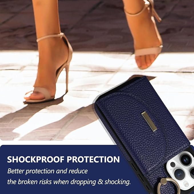 Keallce Wallet Case for iPhone 16 Pro Max 6.9'', Flip Case with Card Slots, Ring Holder Kickstand, PU Leather Protective Folio Cover for Women, Navyblue