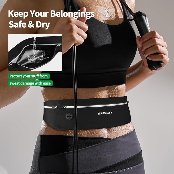Slim Running Belt Fanny Pack for Men Women, Running Phone Holder, Waist Pack Runners Bag Money Belt with 3 Separate Zipper Pouch to Store Your Phone Key Money Safe, Waist Bag-Black