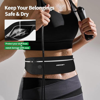 Slim Running Belt Fanny Pack for Men Women, Running Phone Holder, Waist Pack Runners Bag Money Belt with 3 Separate Zipper Pouch to Store Your Phone Key Money Safe, Waist Bag-Black