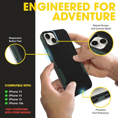 OtterBox iPhone 16e, 15, 14, & 13 Commuter Series Case - Slim & Tough, Pocket-Friendly, with Port Protection - Black/Green